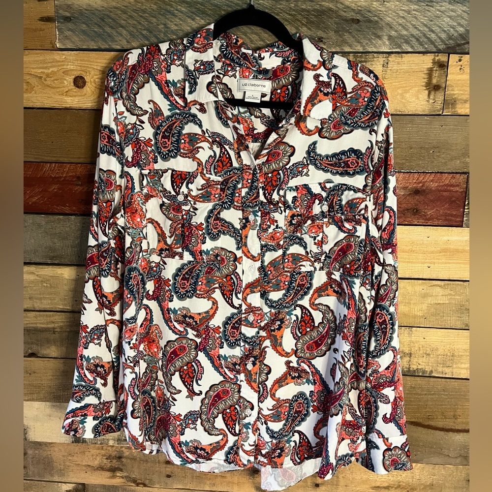 Liz Claiborne White Paisley Print Button Down Top Size Large